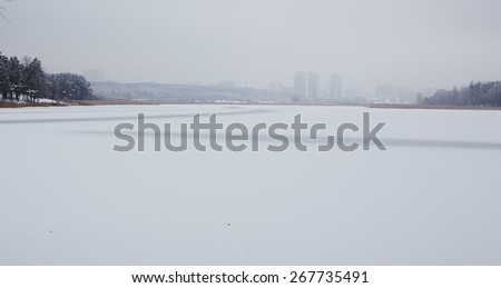 Foggy city in front of frozen lake