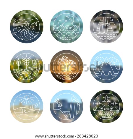 Outdoor icons set. Different types of landscapes: canyon, desert, river, sea, island, field, waterfall, forest, mountain. Line icons with blurred  background