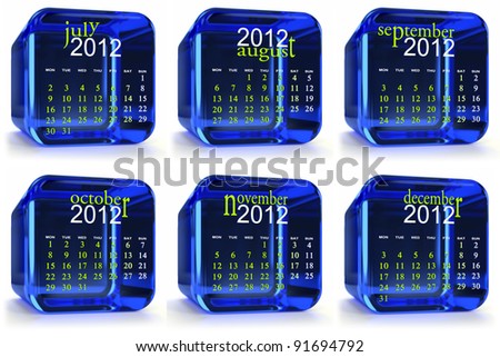 Blue 2012 glass calendar. Months July to December