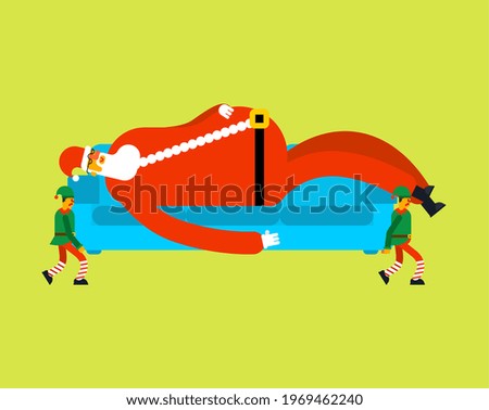Santa on sofa carry elves. Xmas grandfather sleeping on couch and Santas elf. New Year and Christmas illustration