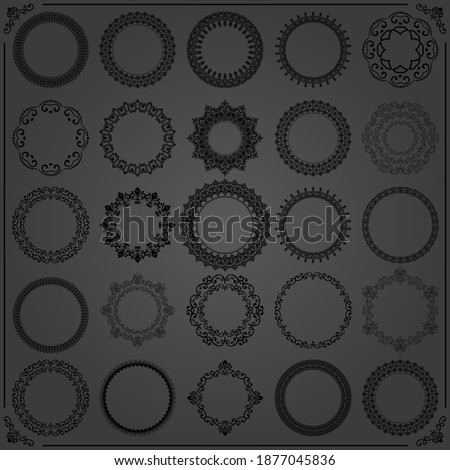 Vintage set of round elements. Different elements for design frames, cards, menus, backgrounds and monograms. Classic patterns. Set of black vintage patterns