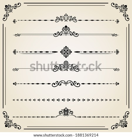 Vintage set of decorative elements. Horizontal separators in the frame. Collection of different ornaments. Classic black patterns. Set of vintage patterns