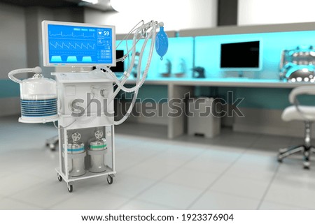 ICU artificial lung ventilator with fictive design in bright hospital with bokeh - fight covid-19 concept, medical 3D illustration