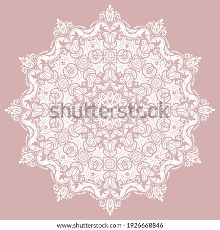 Oriental round pattern with white arabesques and floral elements. Traditional classic ornament. Vintage pattern with arabesques