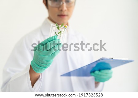 Scientists tests of plants in laboratory. Asian male scientists holding, doing analysis for germs and bacteria with glassware in the laboratory. Scientific experiment. researcher and discovery concept