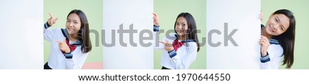Collage of three beautiful student with white bulletin board, Young Asian girl.