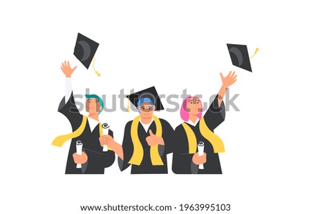 Graduation ceremony at university or college. Happy graduates men and woman wearing academic gown throws the square caps up. Flat Art Rastered Copy