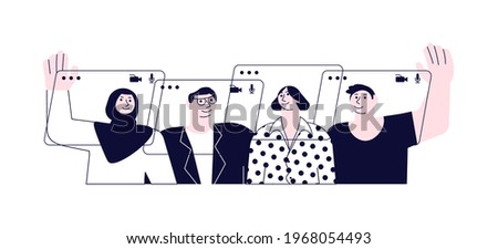 Video call connecting for keep social distancing. People have online meeting. Flat Art Rastered Copy illustration