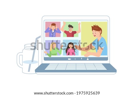 Different People taking part in video conference on distance. Laptop with online meeting. Flat Art Rastered Copy Illustration