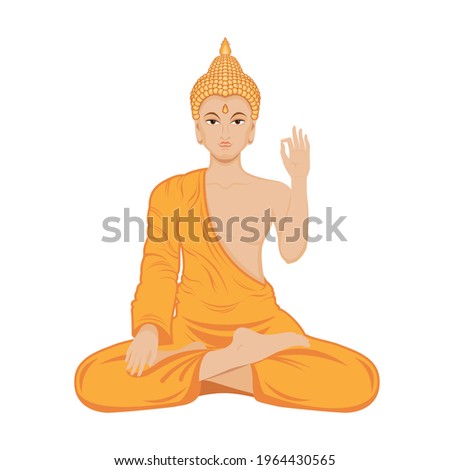 Sitting Buddha in lotus position illustration. Buddha in orange robe icon isolated on a white background. Sitting Buddha in meditation illustration