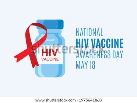 National HIV Vaccine Awareness Day illustration. Red ribbon and blue vaccine bottle icon. HIV Vaccine Awareness Day Poster, May 18. Important day