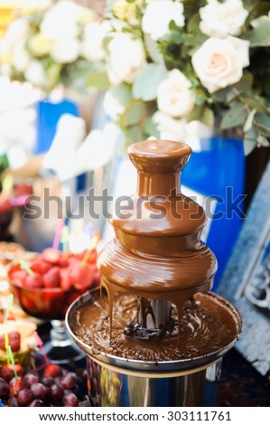 chocolate fountain for dessert wedding table closeup