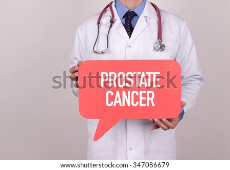 Doctor holding speech bubble with PROSTATE CANCER message