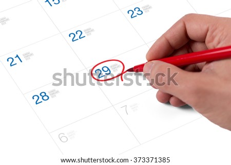 Red circle. Mark on the calendar at February 29, 2016