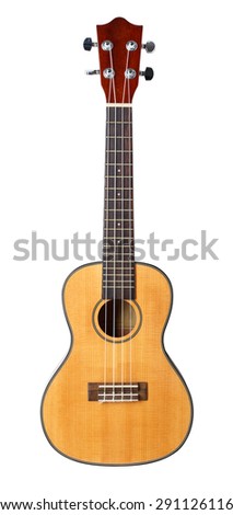 Small Hawaiian four stringed ukulele guitar isolated on white background with clipping path. Musical instruments shop or learning school concept