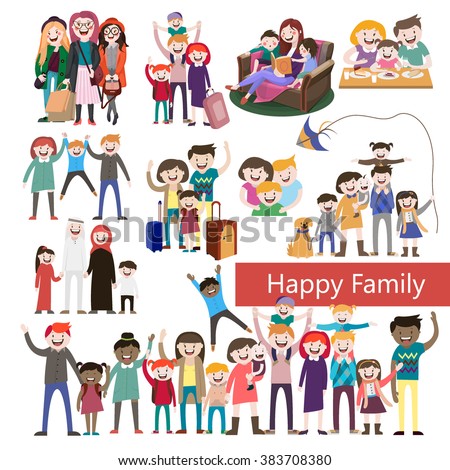 set of happy family, happy people, with their suitcases family,family dinner ,mom reads a story to children, large family, Muslim family, fashion illustration, stylish teenagers, friendship , vector