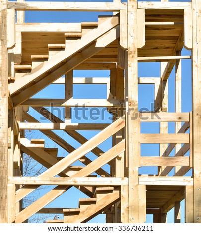 A new house is under construction on a piece of property. The sky is clear and blue, and the home is being built with wood trusses and planks.
