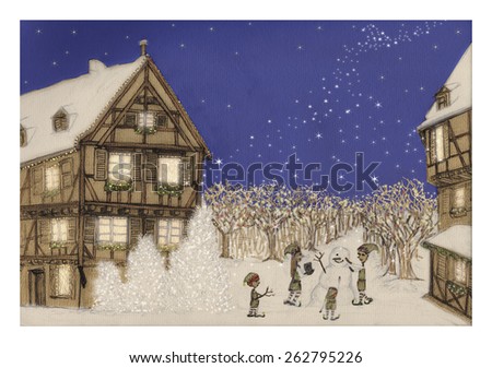 Outdoor winter Christmas scene with elves playing in the snow making a snowman. Snow falling from sky, covering trees. Tiny stars falling and spreading Christmas cheer.