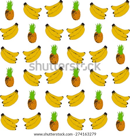 Simple Pineapple and Banana hand drawn seamless pattern. Tropical summer fruits design.Simple Block color with black outline details. Looks like a silk screen print.