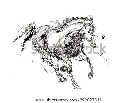 High Quality Sketch of running Horse, black ink on white background. For digital or print media.