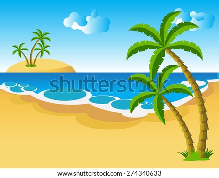 ocean landscape with palm tree and islandthe waves of the sea, light ripples, bubbles