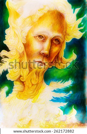 A fantasy detailed drawing of elven man creature of gold and feathers and sunny descent, a spiritual man face with feathers and yellow golden structures
