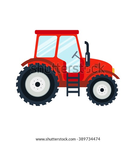 Flat tractor on white background. Red tractor icon - vector illustration. Agricultural tractor - transport for farm in flat style. Farm tractor icon. Tractor icon vector illustration.