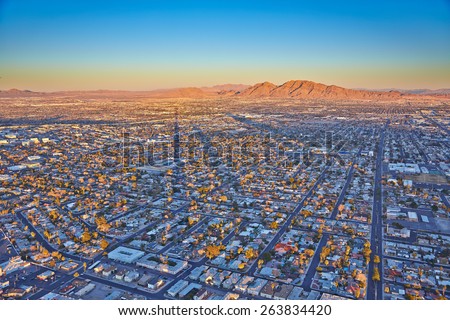 Sunset, houses and mountains, Las Vegas, USA