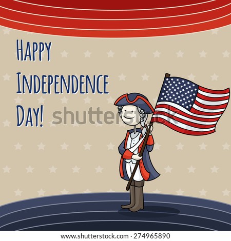 Patriotic USA background with Cartoon man celebrating Independence Day wearing a national costume and holding a flag. Cute American boy in a 4th of July dressed like soldier. Vector illustration.