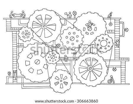 Sketch of people teamwork, gears, production. Doodle cartoon mechanism with machinery and cogwheels. Hand drawn vector illustration for business design isolated on white.