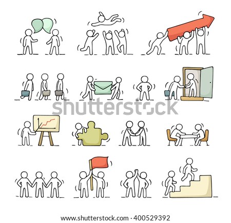 Business icons set of sketch working little people with puzzle, teamwork. Doodle cute miniature scenes of workers. Hand drawn cartoon vector illustration for business design and infographic.