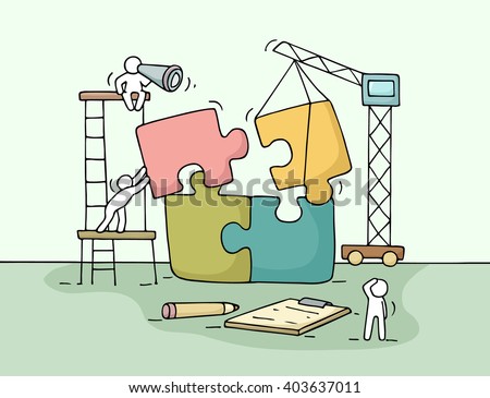 Sketch of working little people with puzzle, teamwork. Doodle cute miniature scene of workers collect puzzle pieces. Hand drawn cartoon vector illustration for business design and infographic.