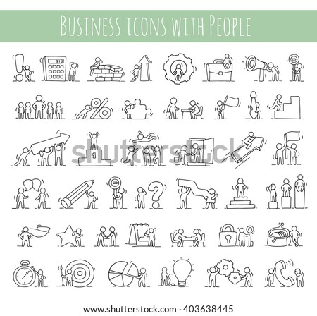 Business icons set of sketch working little people with money, teamwork. Doodle cute miniature scenes of workers. Hand drawn cartoon vector illustration for business design and infographic.