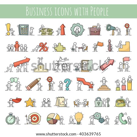 Business icons set of sketch working little people with money, teamwork. Doodle cute miniature scenes of workers. Hand drawn cartoon vector illustration for business design and infographic.
