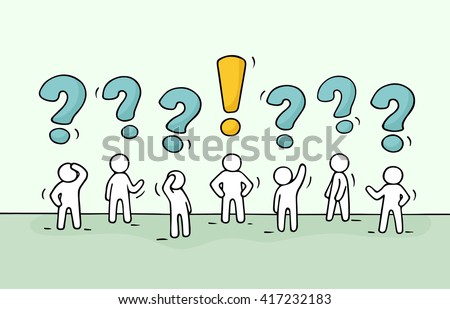 Sketch - crowd of working little people with question sings and exclamation point. Doodle cute miniature teamwork find right decision. Hand drawn cartoon vector illustration for business design.