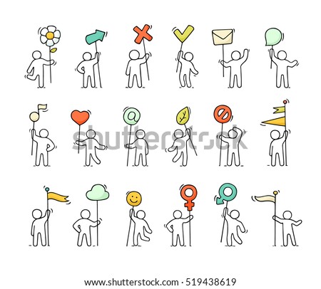 Cartoon icons set of sketch little people with life symbols. Doodle cute miniature scenes of workers with mark, arrow, flags. Hand drawn vector illustration for web design and infographic.
