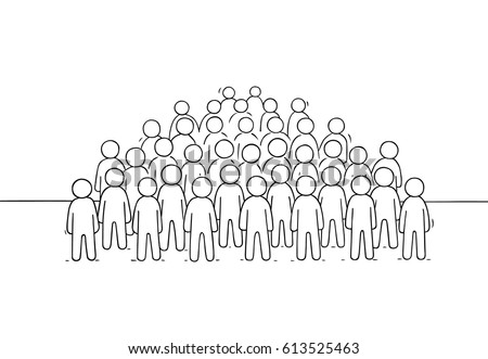 Sketch of many people standing together. Doodle cute miniature scene of big crowd. Hand drawn cartoon vector illustration for business and social design.