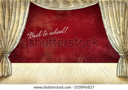 Theater stage with curtain and inscription Back to school