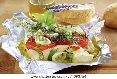 Baked Feta Cheese in Tin Foil with Lavender and Herbs