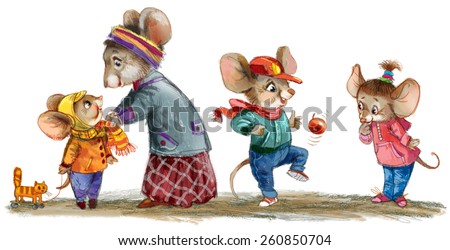 Funny Family of Mice, Mother, Two Brothers and a Sister