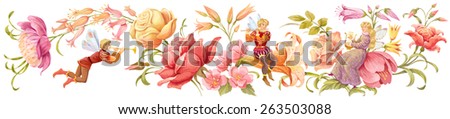 Horizontal floral composition with elves musicians in warm gamma, isolated on white. Perfect for greeting and invitation