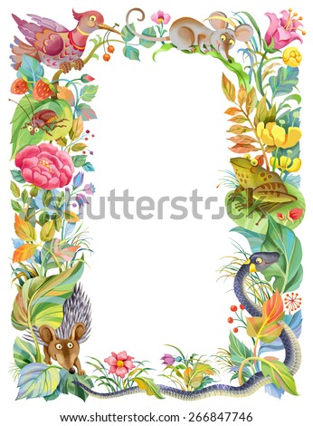 Frame of flowers and funny animals isolated. Perfect for  children greeting and invitation card