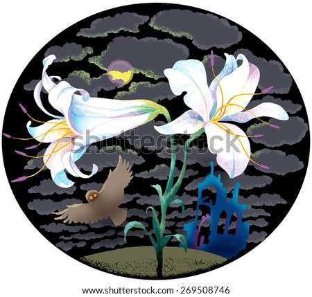 Lilies in the night landscape, isolated oval