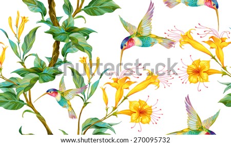 Branch with yellow flowers and flying hummingbird. Seamless background pattern. Version 4