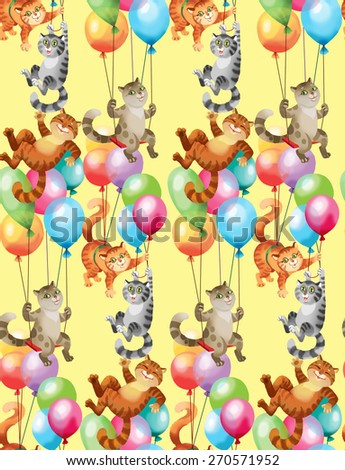 Cats Fly on the Balloons. Seamless background pattern. Version 1
