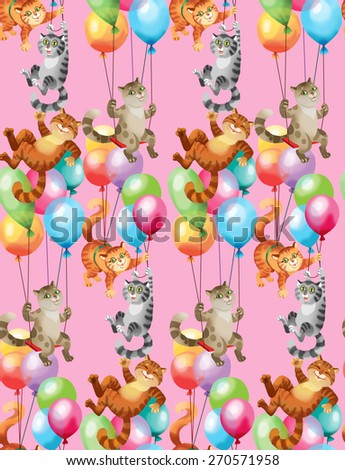 Cats Fly on the Balloons. Seamless background pattern. Version 3