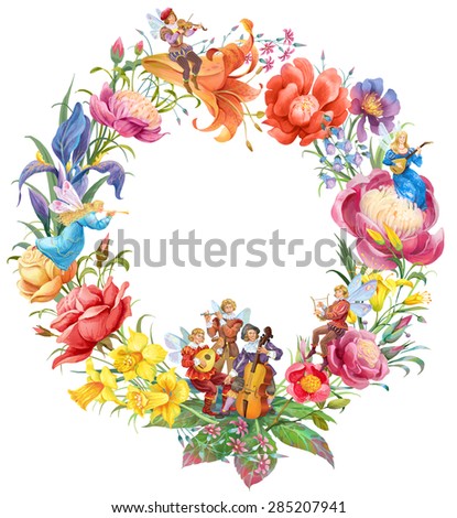 Colorful wreath of flowers and elves musicians. Circle border isolated on white background. Perfect for greeting and invitation