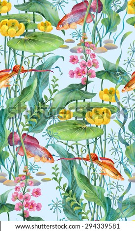 Aquarium fishes , water plants and flowers seamless background pattern. Version 3
