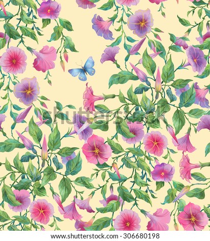 Hanging plants. Petunia flowers seamless background pattern version 3