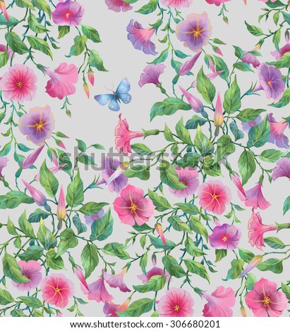 Hanging plants. Petunia flowers seamless background pattern version 5